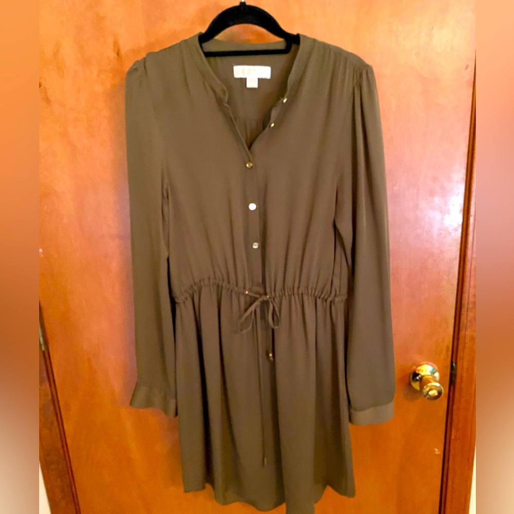 Michael Kors 100% silk Olive Green Long Sleeve Drawstring Shirt Dress